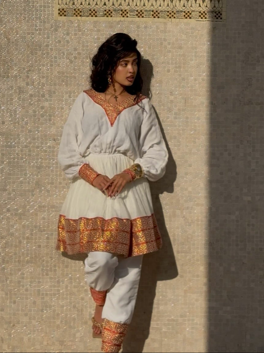 Ethiopian dress Crimson & Terracotta Terracotta Tapestry Bishop-Sleeve Tunic & Trouser Set Habesha dress 1353