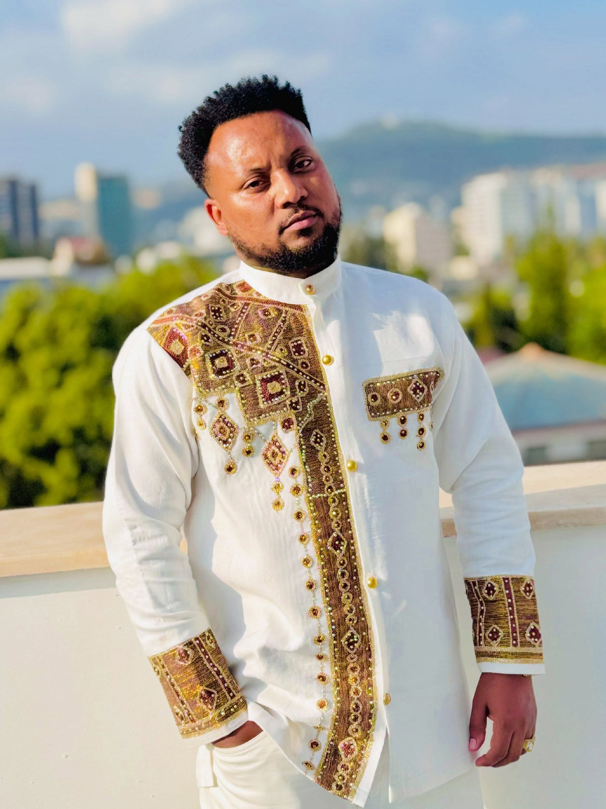 Regal Gold & Bronze Embroidered Ethiopian Men's Shirt Men's Ethiopian Cultural Attire 1370