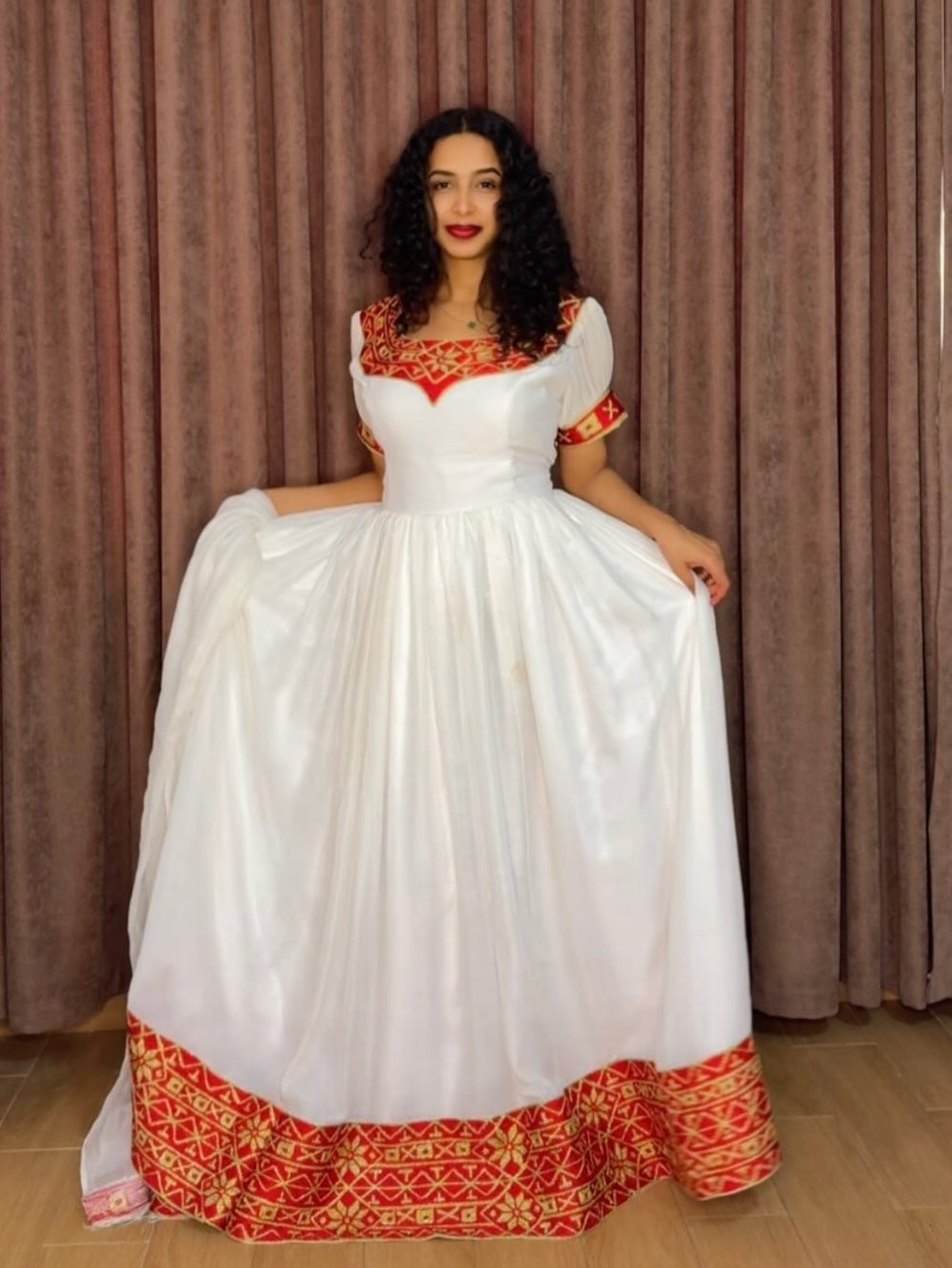 Vibrant Red & Gold Embroidered Habesha Kemis Short Puff Sleeve Ethiopian Dress Beautiful Habesha Dress 1375