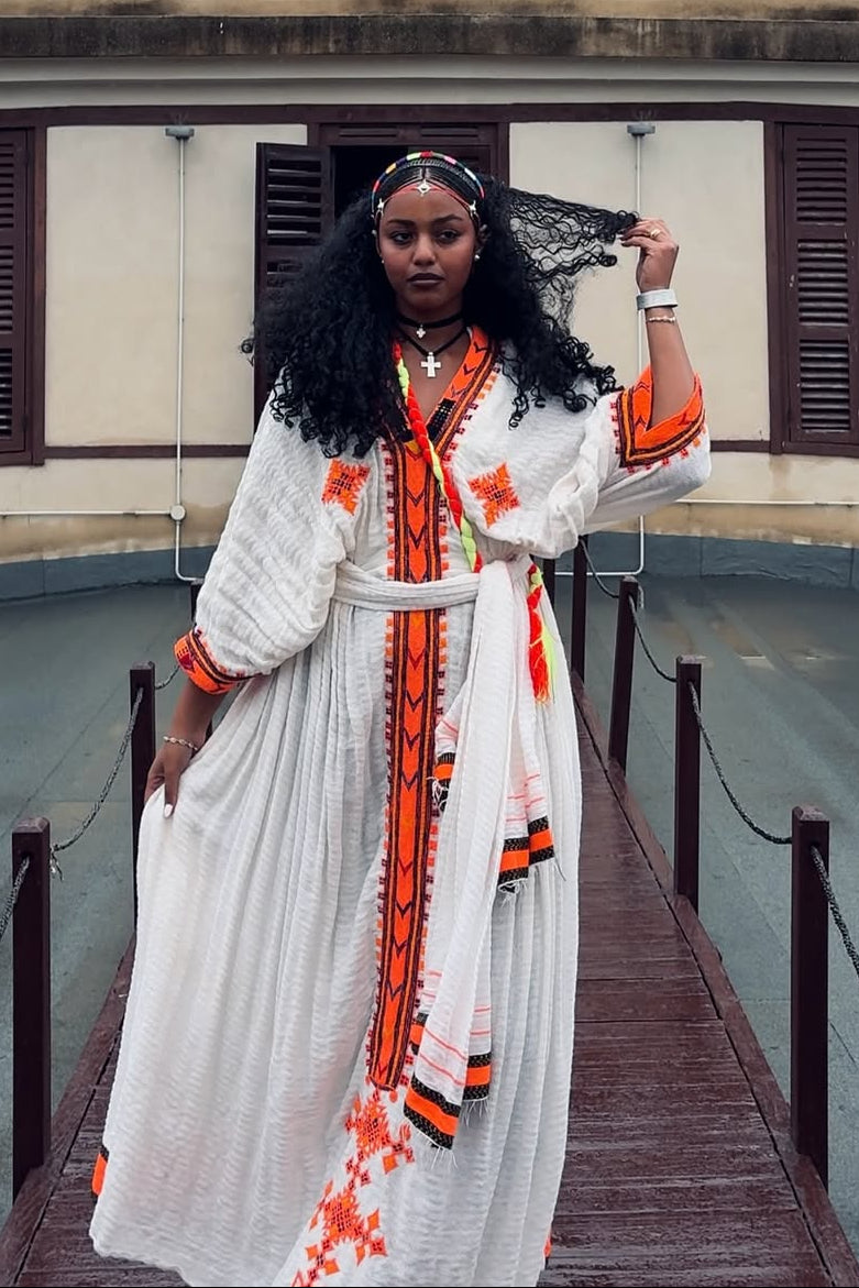 Handwoven White Ethiopian Dress with Bright Orange Tibeb Accents M