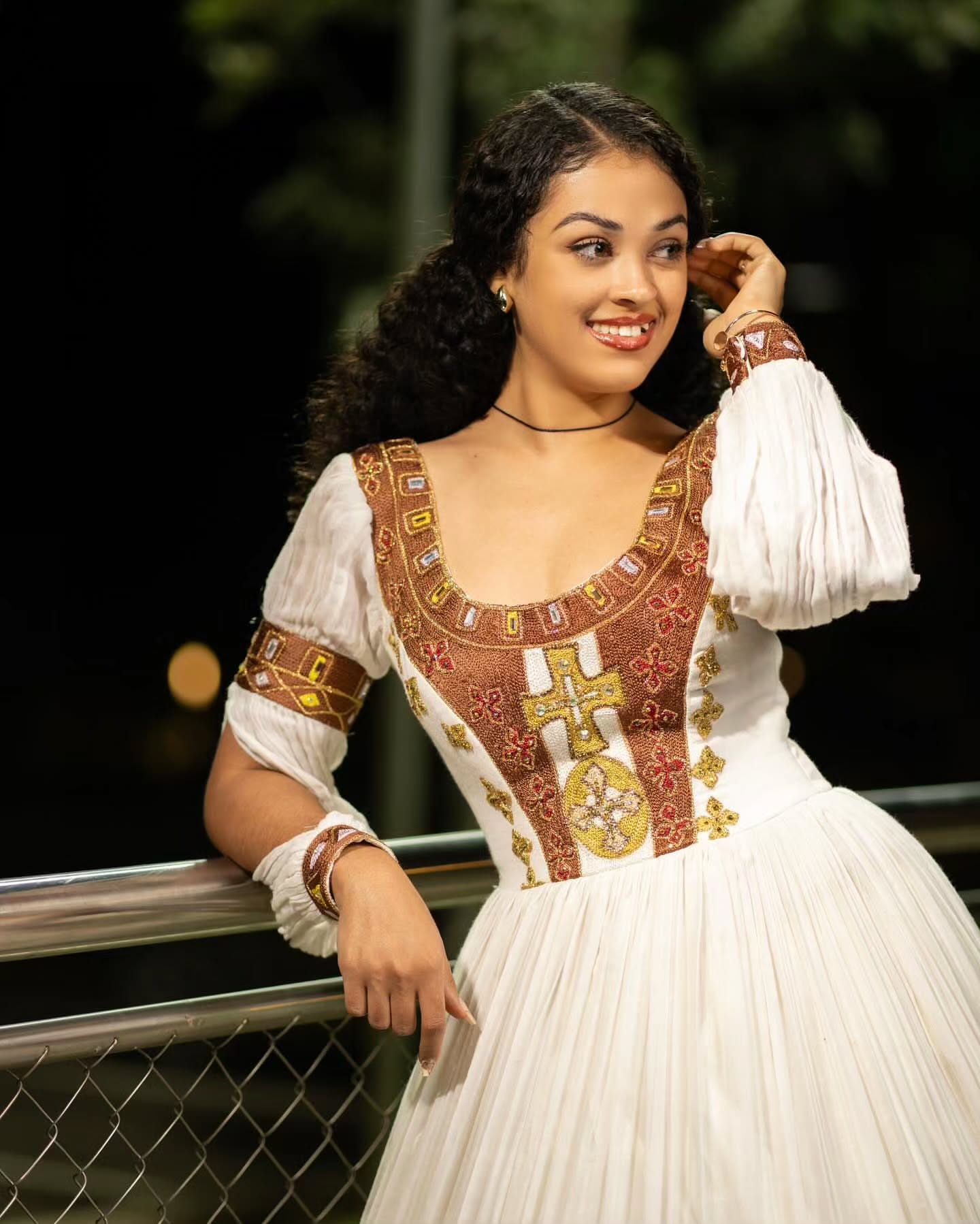 Cross-Embroidered Traditional Ethiopian Wedding Dress Gold & Brown Habesha Dress Handwoven Habesha Kemis 139