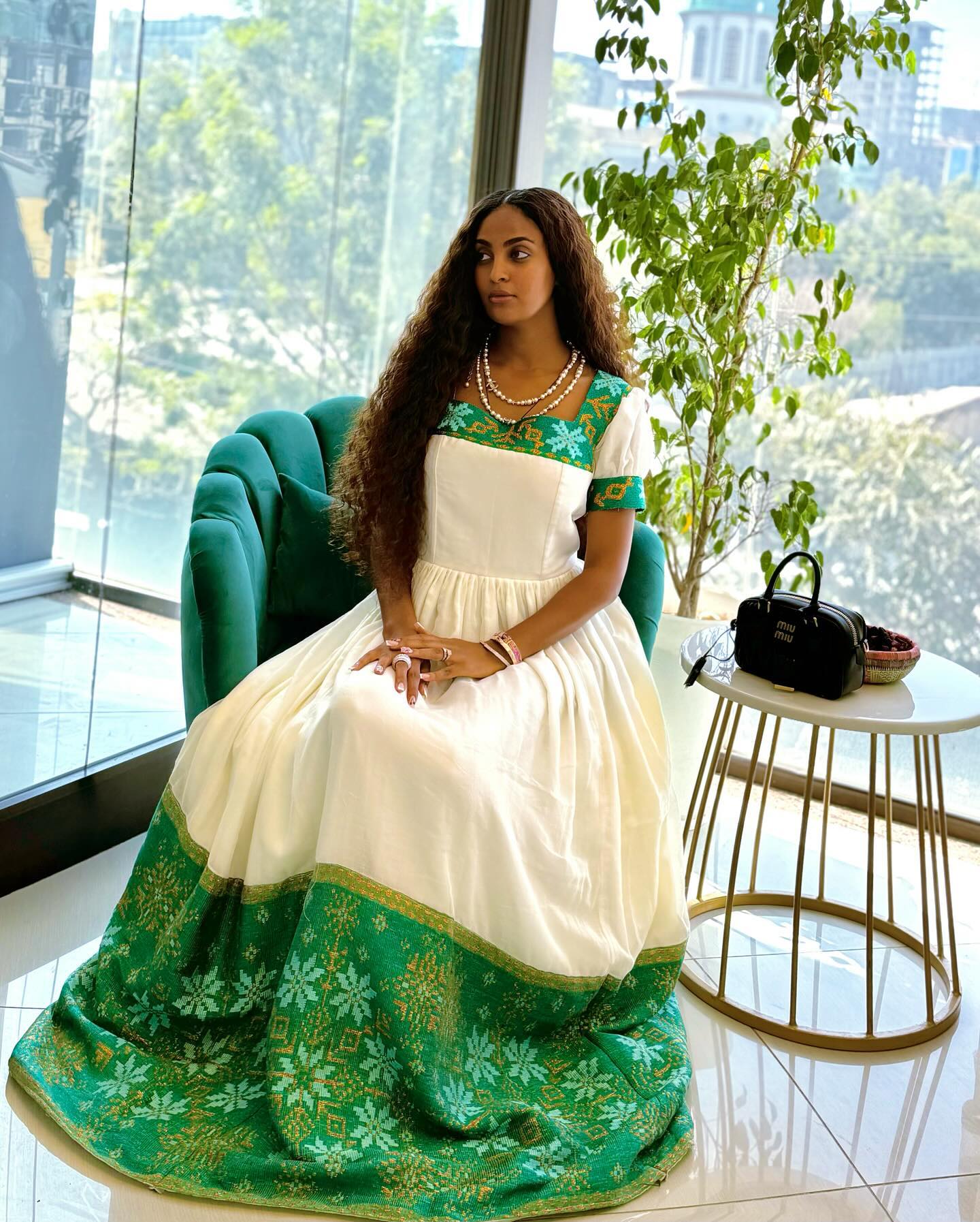 Green Woven Habesha Dress Traditional Ethiopian Clothing Short Sleeve Habesha Kemis 352