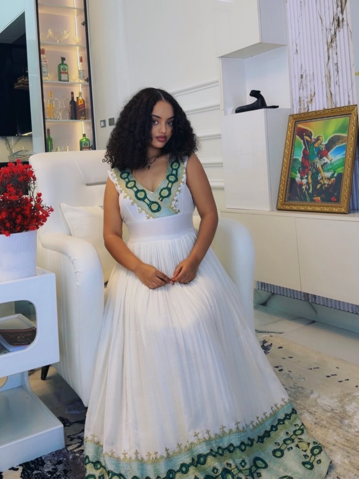 Sleeveless Habesha Kemis Green and Gold Embroidery Habesha Dress Ethiopian Dress Design 409