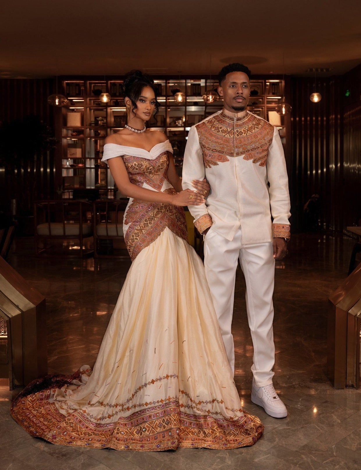 Royal Matching Couple's Set Off-the-Shoulder Habesha Dress and Coordinating Embroidered Men's Suit 969