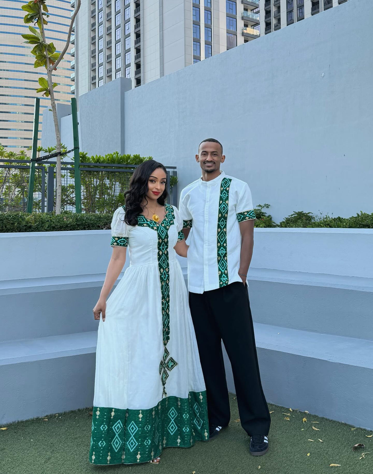 Ethiopian Matching Outfit Deep Green Embroidery Couple Set Men's Shirt And Women's Dress 467
