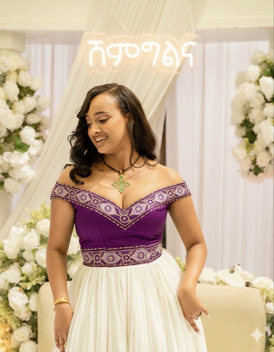 Traditional Ethiopian Dress Refined Cultural Habesha Kemis Purple Detail Habesha Dress With Off-shoulder 552