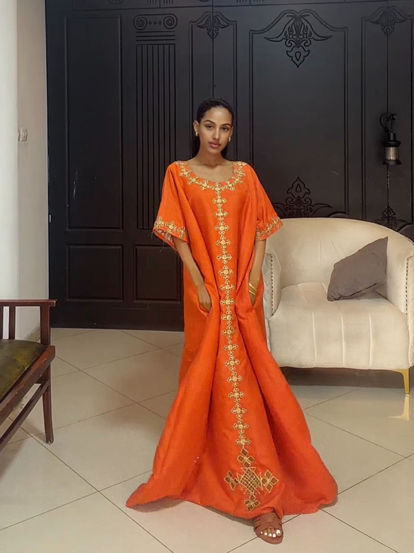 Traditional Ethiopian Clothing Orange Eritrean And Habesha Dress Golden Embroidery Habesha Kemis 580