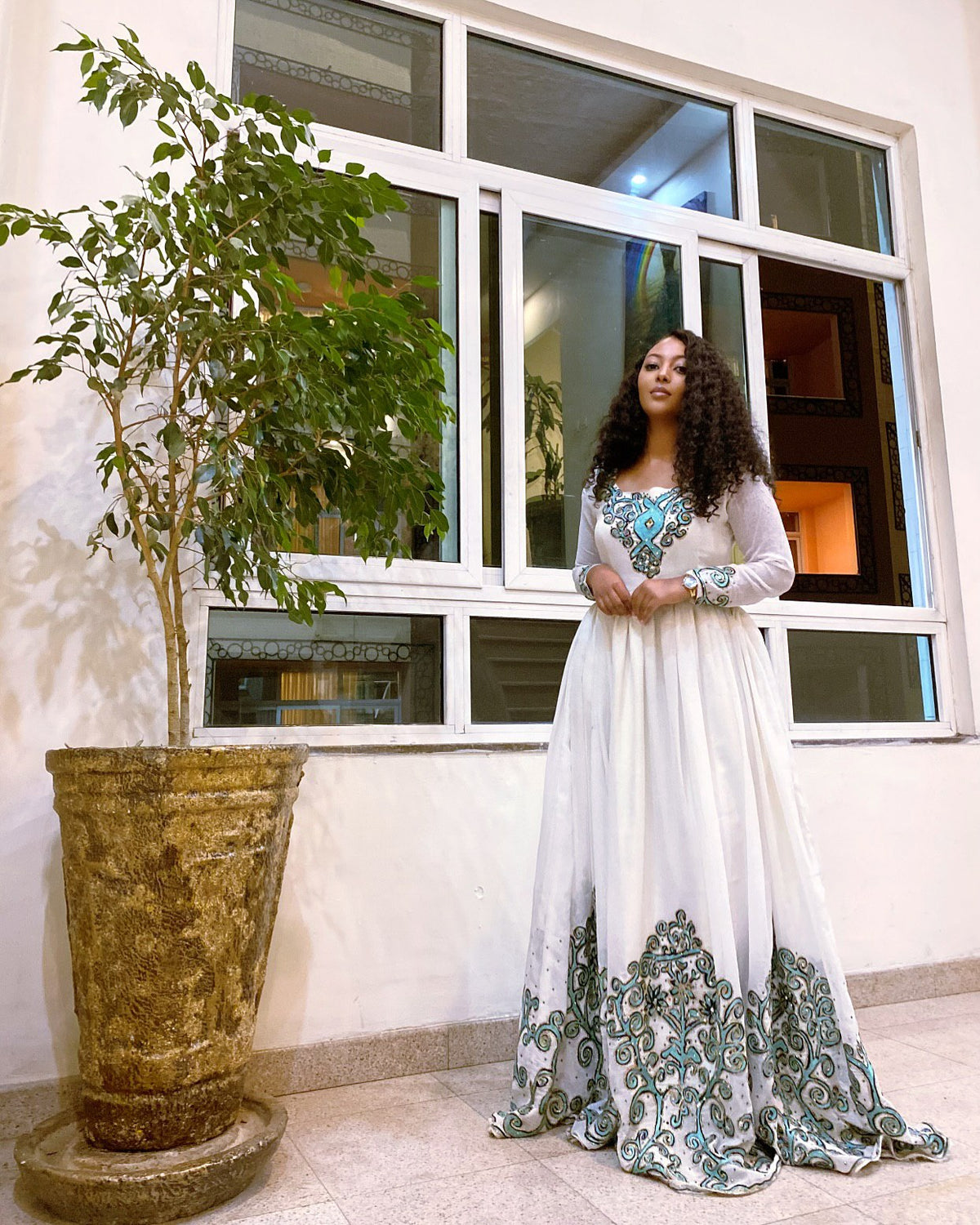 White Habesha Kemis Green Embroidery Habesha Dress Long Sleeve Traditional Ethiopian Dress 596