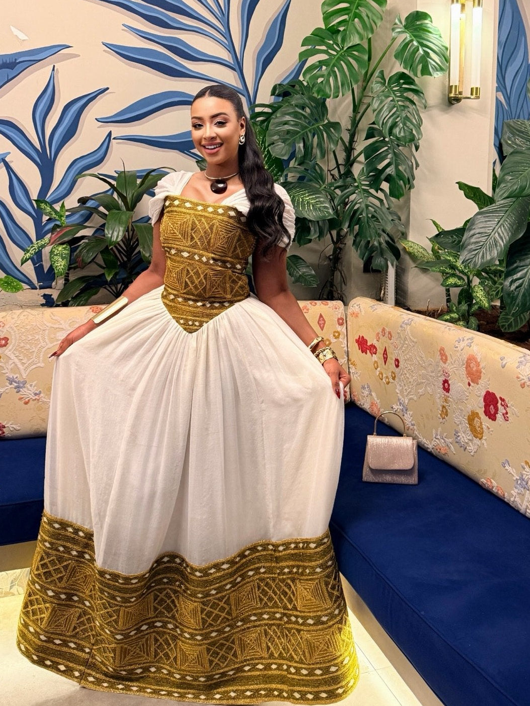 Golden Woven Habesha Dress Ethiopian Traditional Clothing Graceful Habesha Kemis For Wedding 737