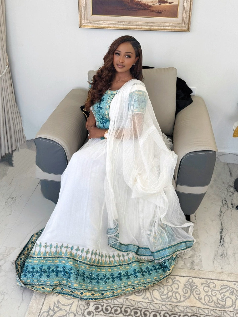Charming Ethiopian Clothing Blue Embroidered Habesha Kemis & Habesha Dress Classic Style 755