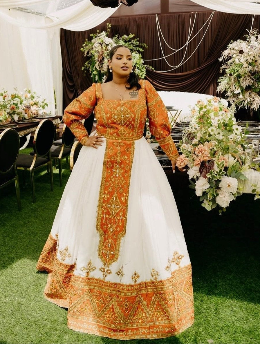 gold ethiopian wedding dress Traditional Ethiopian Dress with Handcrafted Embroidery modern habesha dress for couples