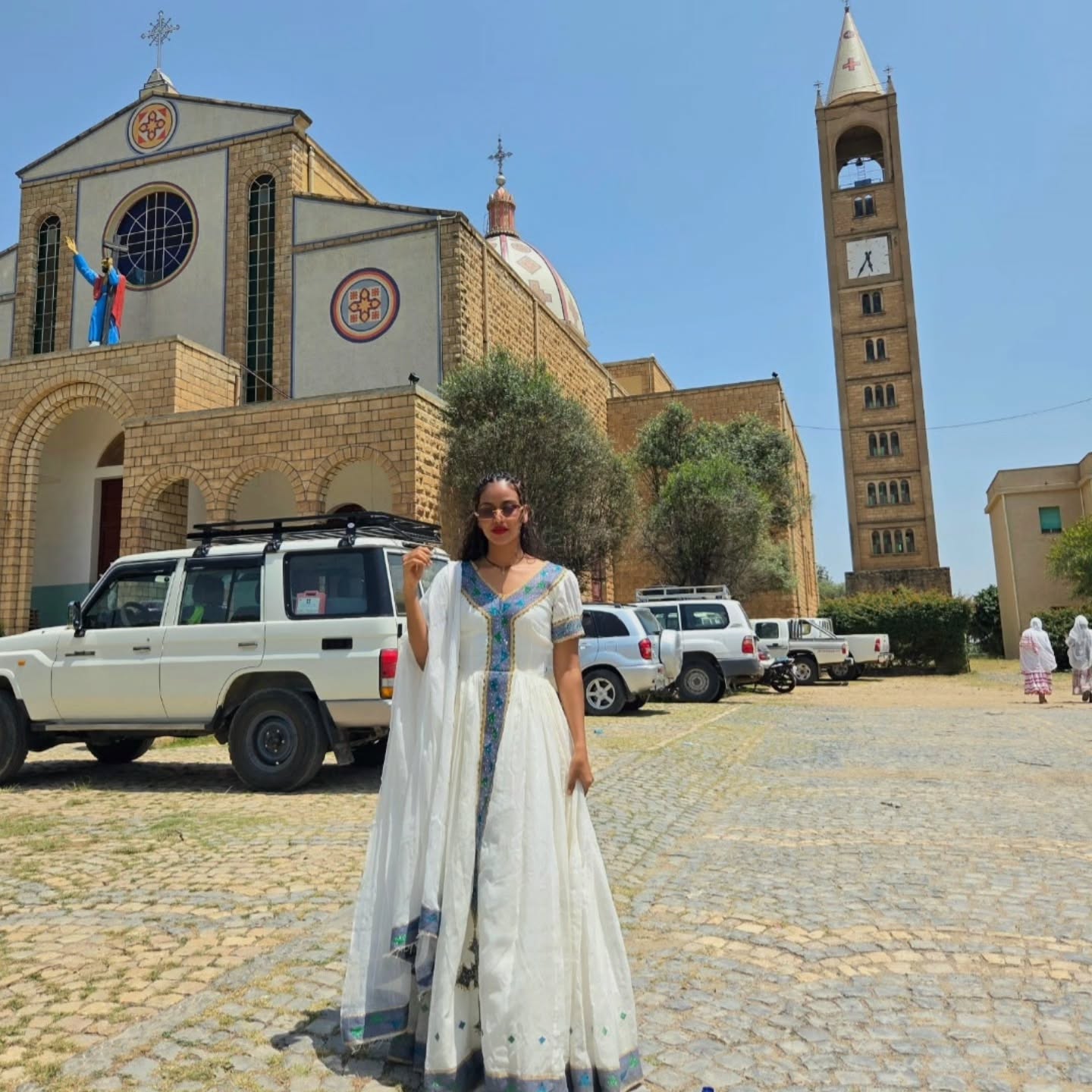 White Habesha Kemis Blue and Green Embroidery Traditional Ethiopian Clothing Handwoven Habesha Dress 197