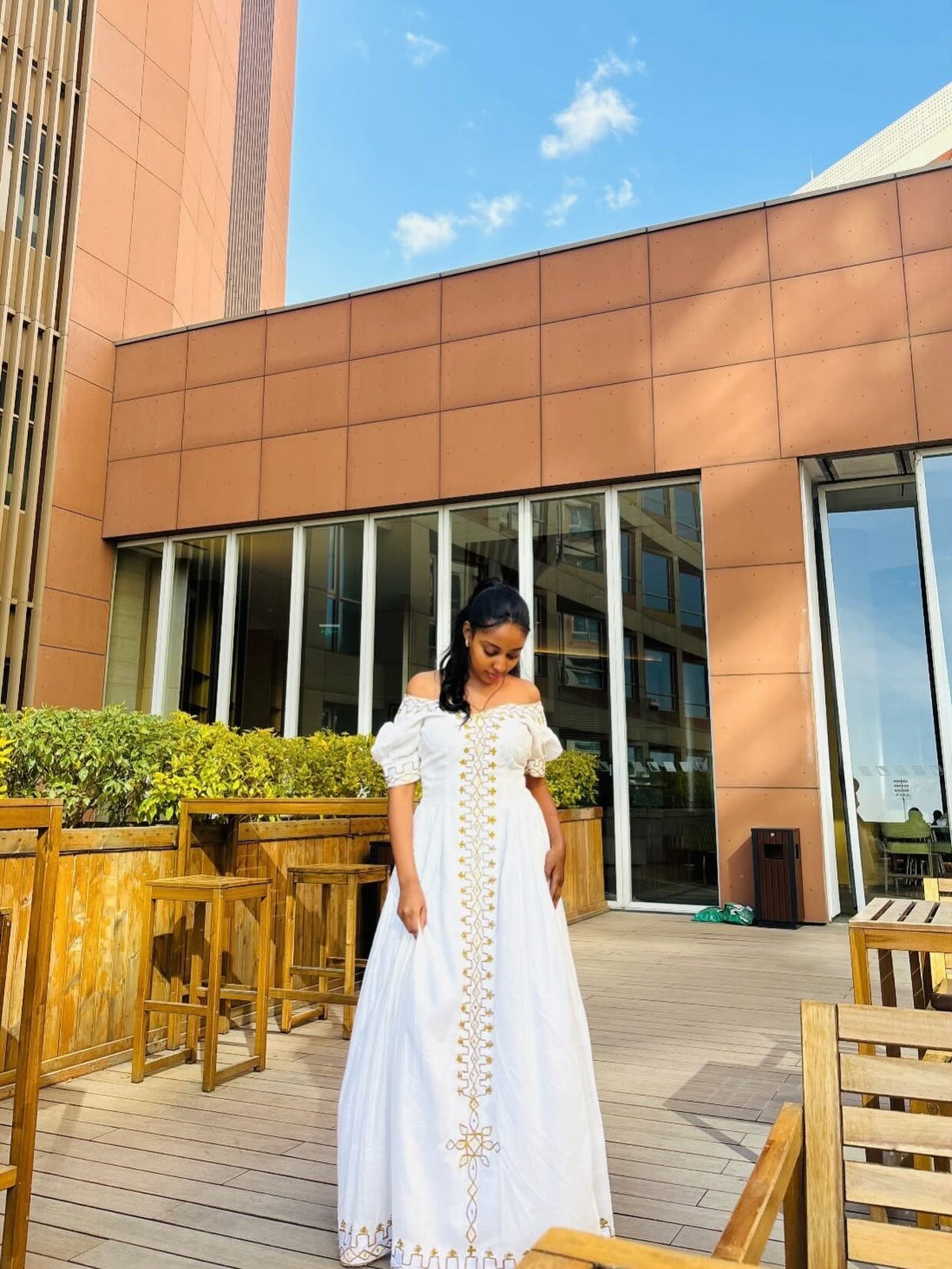 White Off-Shoulder Habesha Kemis Golden Details Habesha Cloth Stylish Habesha Dress 522