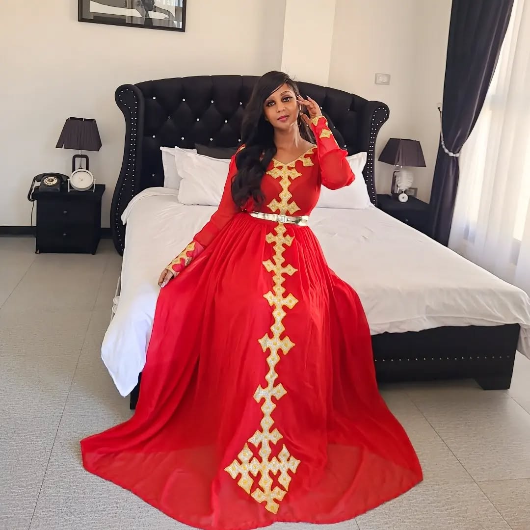 Red Habesha Kemis Traditional Ethiopian & Eritrean Clothing Golden Cross Embroidery Habesha Dress 572