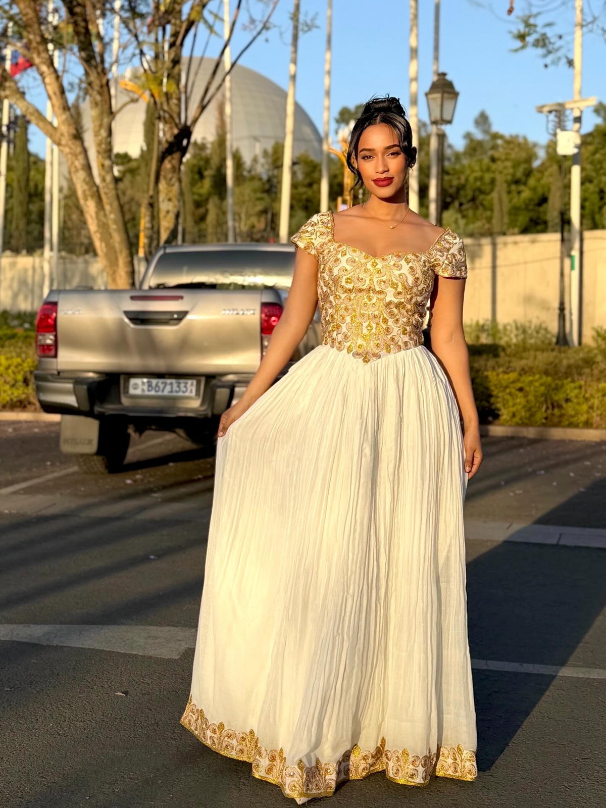 White Habesha Kemis with Gold Embroidered Bodice Habesha Dress For Festive Short Sleeve Ethiopian Dress 573