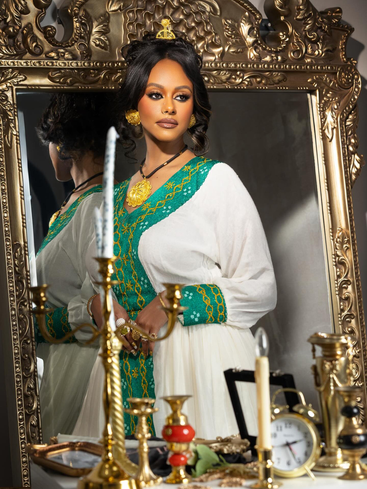 Traditional Ethiopian Dress White Habesha Dress with Green Accent Long Sleeve Habesha Kemis 582