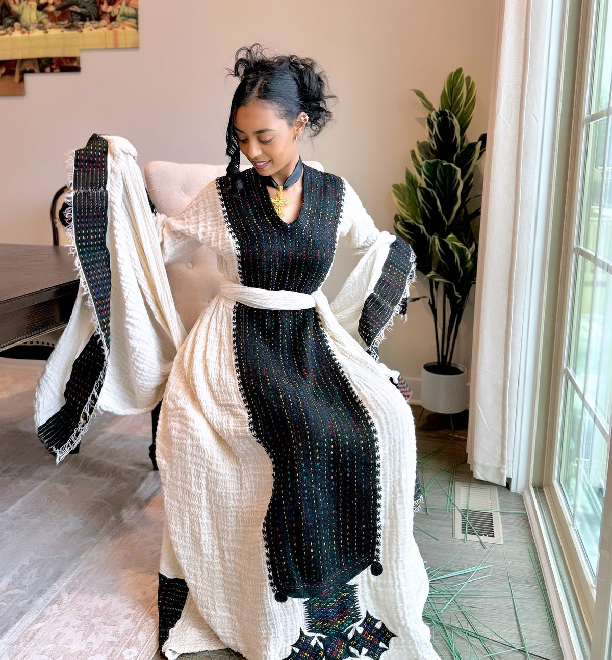 Long Sleeve Habesha Dress Black Embroidery Ethiopian & Eritrean Dress Graceful Habesha Kemis 661