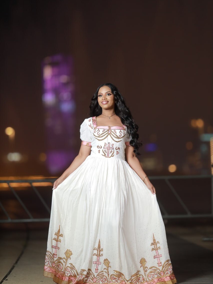 Square Neck Habesha Dress Pink and Gold Embroidery Habesha Kemis Timeless Ethiopian Clothing 656