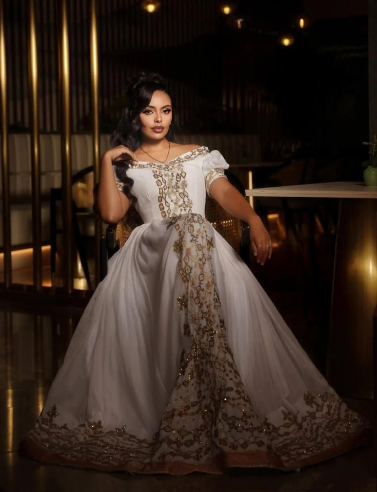 Off-Shoulder Habesha Dress Golden Embroidery Habesha Kemis Short Sleeve Ethiopian Wedding Dress 674