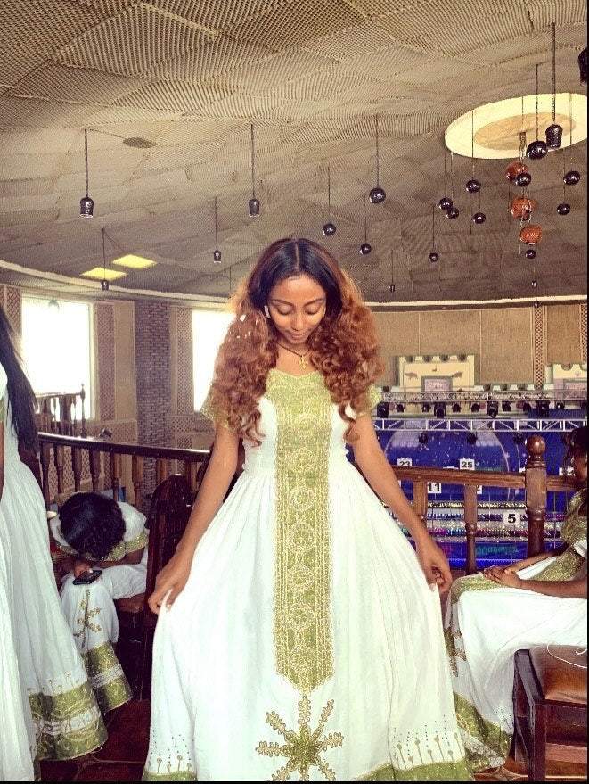 Short Sleeve Habesha Kemis Green Embroidery Habesha Dress Ethiopian Dress 682