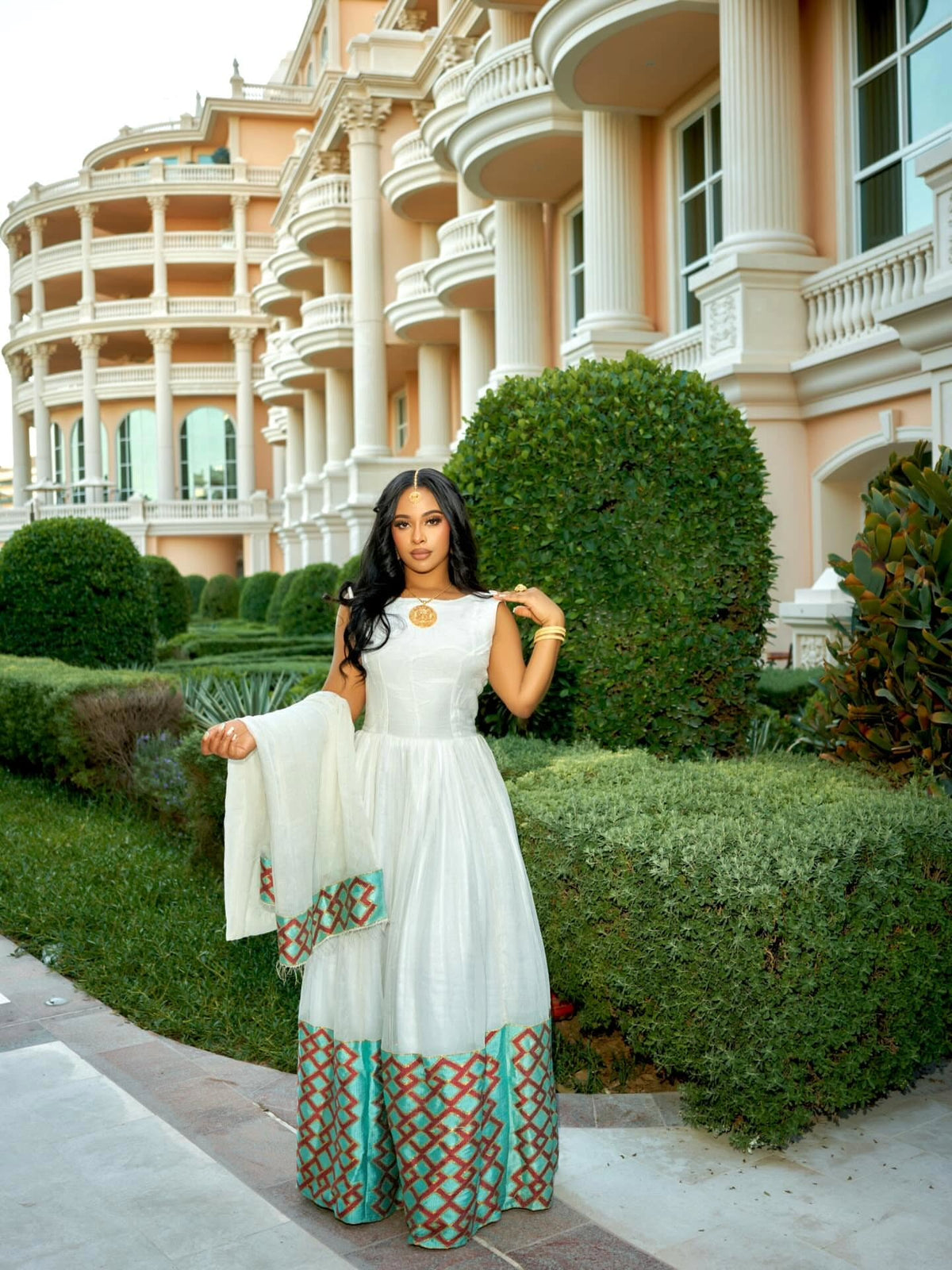 Elegant Sleeveless Habesha Dress Turquoise Woven Hem Habesha Kemis Traditional Ethiopian Clothing 689