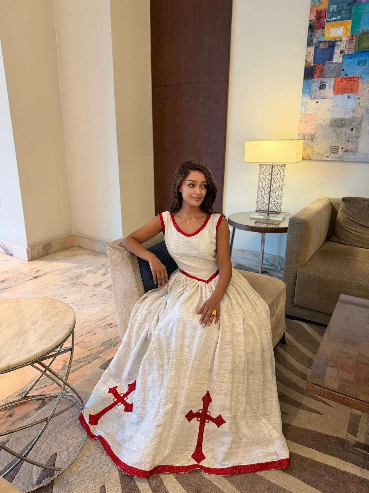 Sleeveless Habesha Dress with Red Embroidery Ethiopian Clothing For Festive Cross Design Habesha Kemis 697