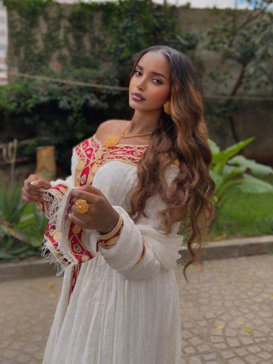 Red and Golden Habesha Kemis Long Sleeve Ethiopian Clothing Traditional Habesha Dress 700