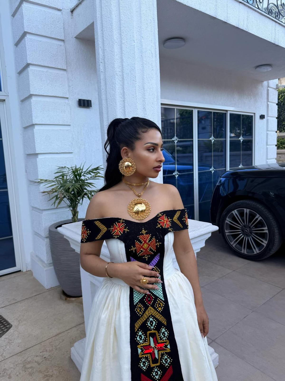 Off-Shoulder Habesha Dress with Black Panel and Multicolor Embroidery Elegant Ethiopian Dress Festive Habesha Kemis 707