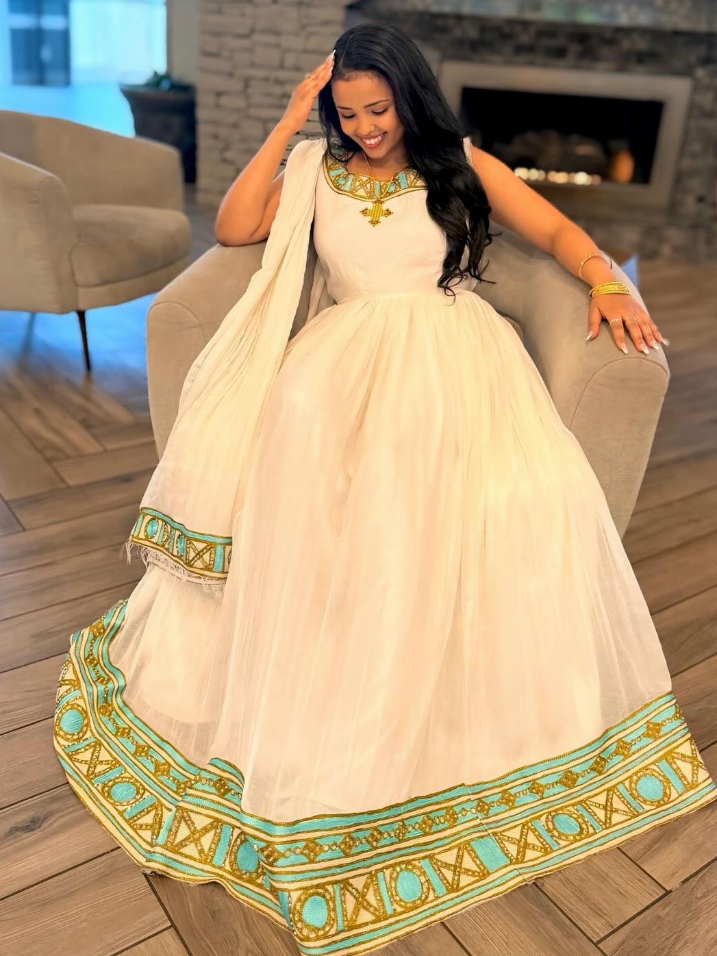 Timeless Ethiopian Clothing Elegant Habesha Kemis & Habesha Dress Gold Design 745