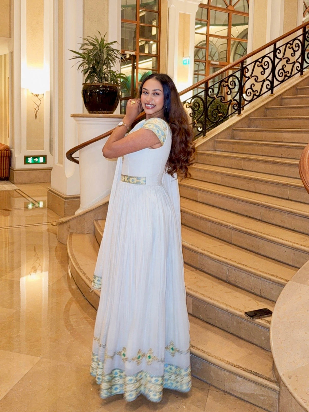 Charming White Habesha Kemis Soft Blue and Gold Habesha Dress Traditional Embroidery Details 763
