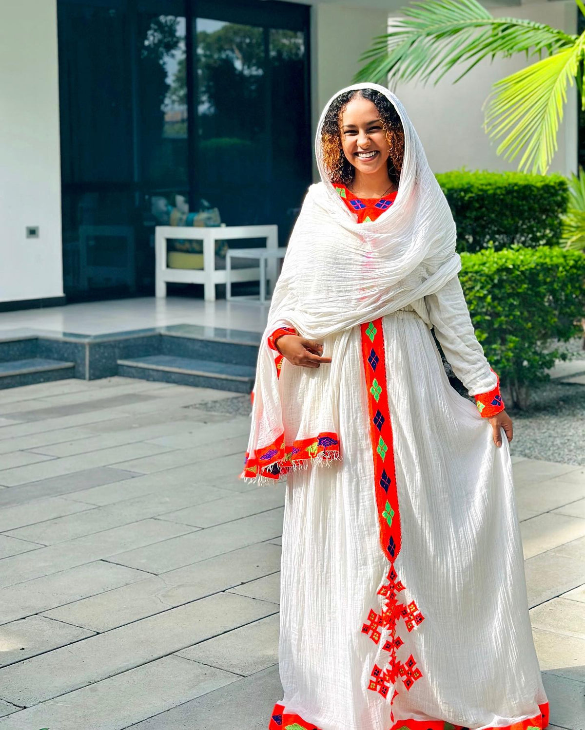 Traditional Ethiopian Dress For Event Red Embroidery Habesha kemis Long Sleeve Habesha Dress 519