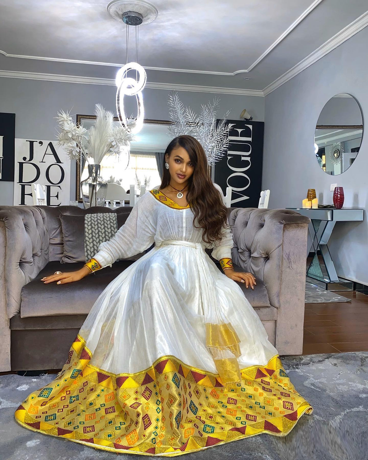 Traditional Ethiopian Dress Featuring Authentic Handwoven Habesha Kemis Yellow Border Habesha Dress 556
