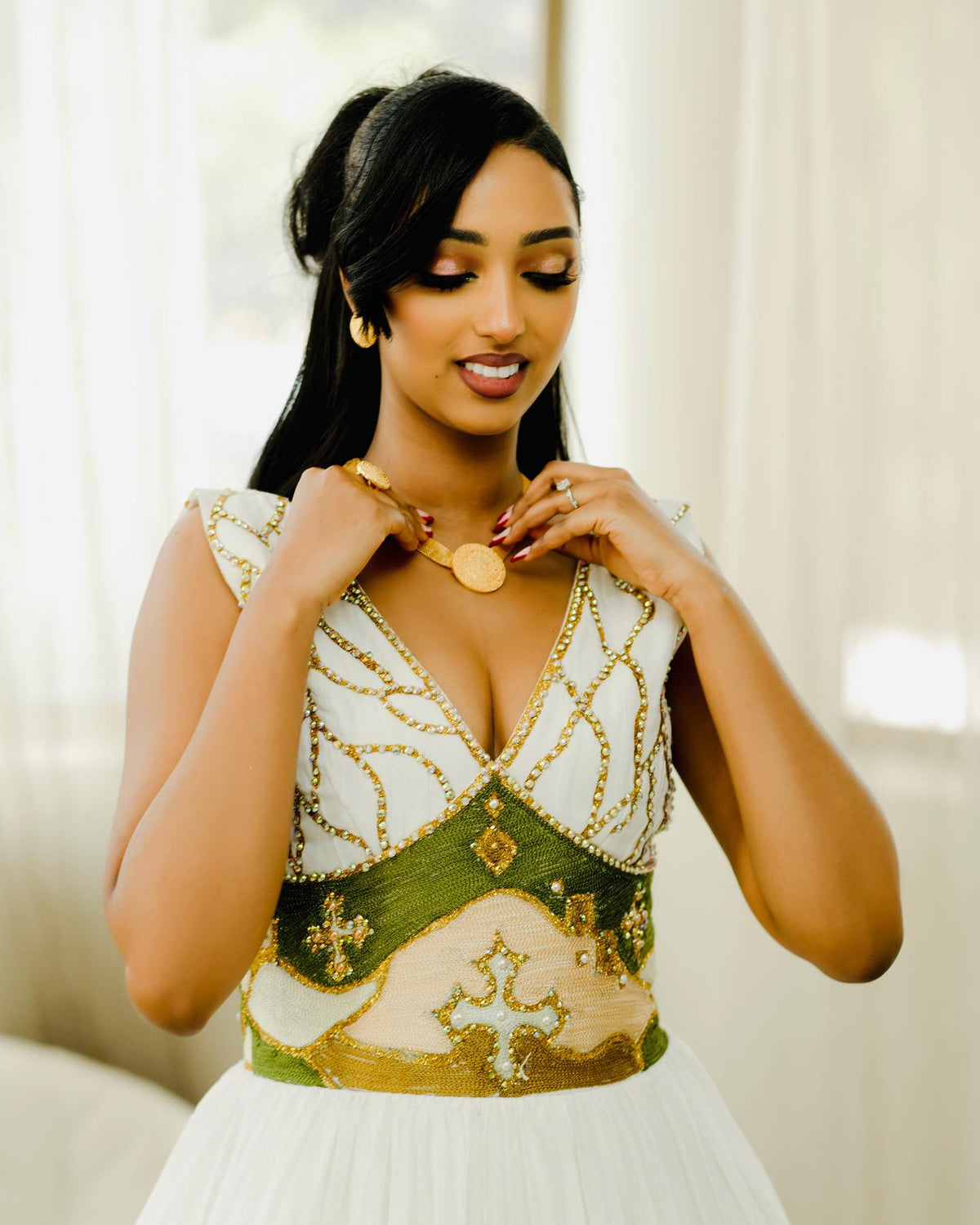 Traditional Ethiopian Wedding Dress Habesha Kemis with Green & Gold Details Luxurious Habesha Dress 562