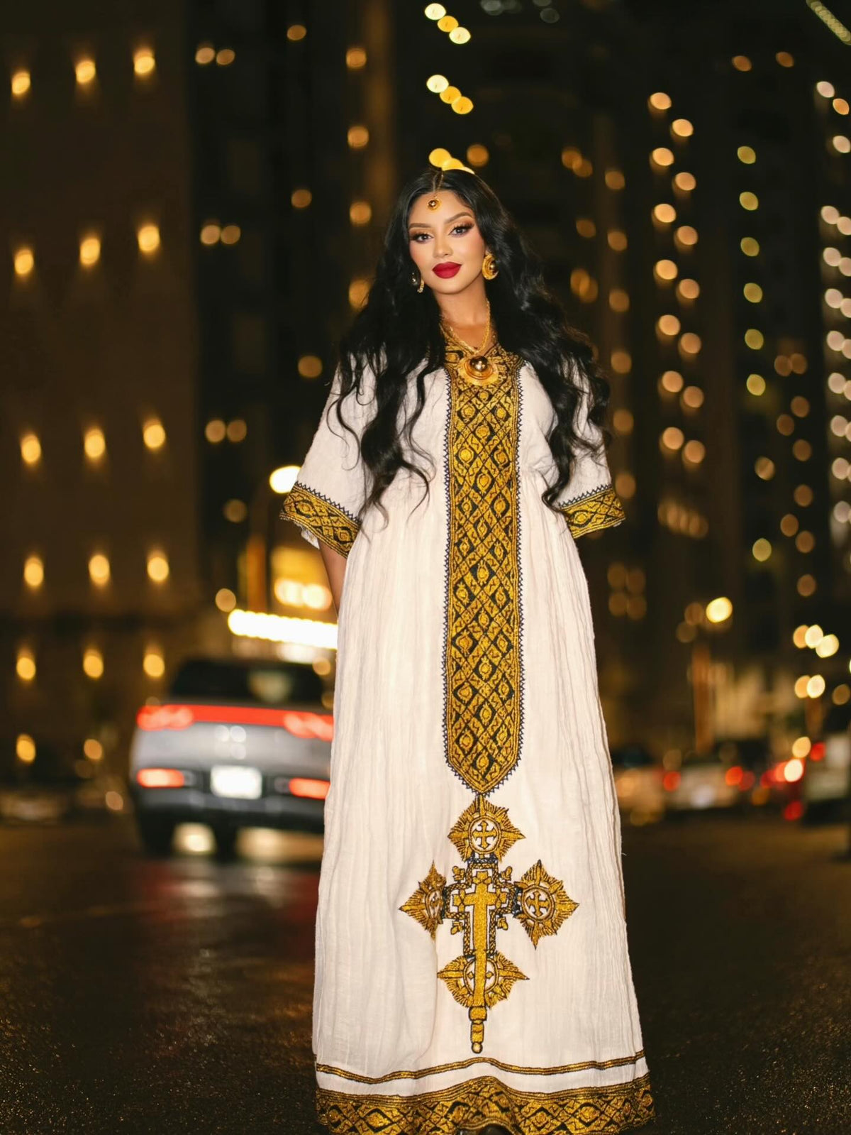 Golden Embroidery Habesha Kemis Charming Traditional Ethiopian Dress Cross Design Habesha Dress 637