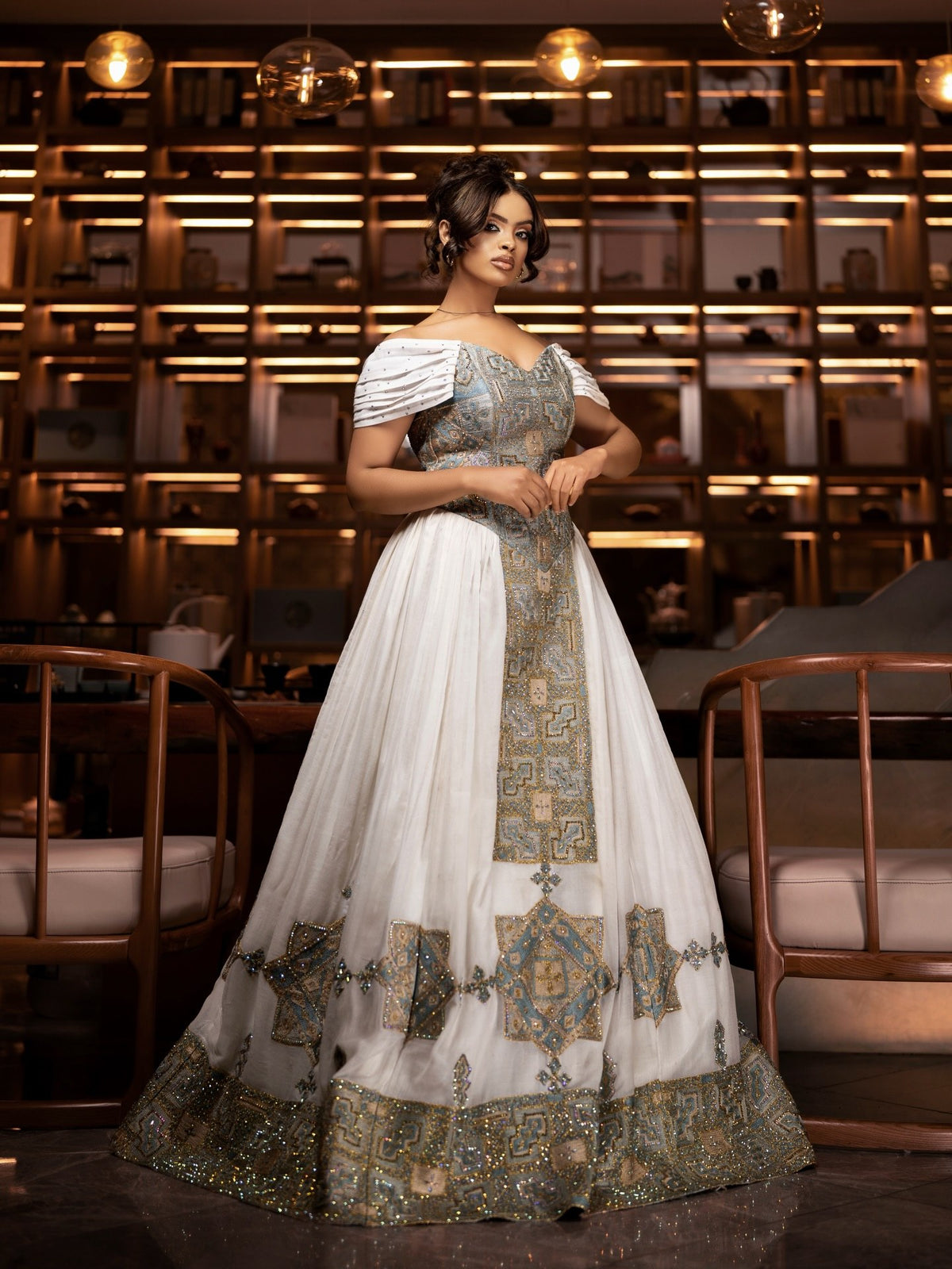 Luxurious Off-Shoulder Ethiopian Wedding Dress Habesha Kemis For Wedding Graceful Embroidery Habesha Dress 675