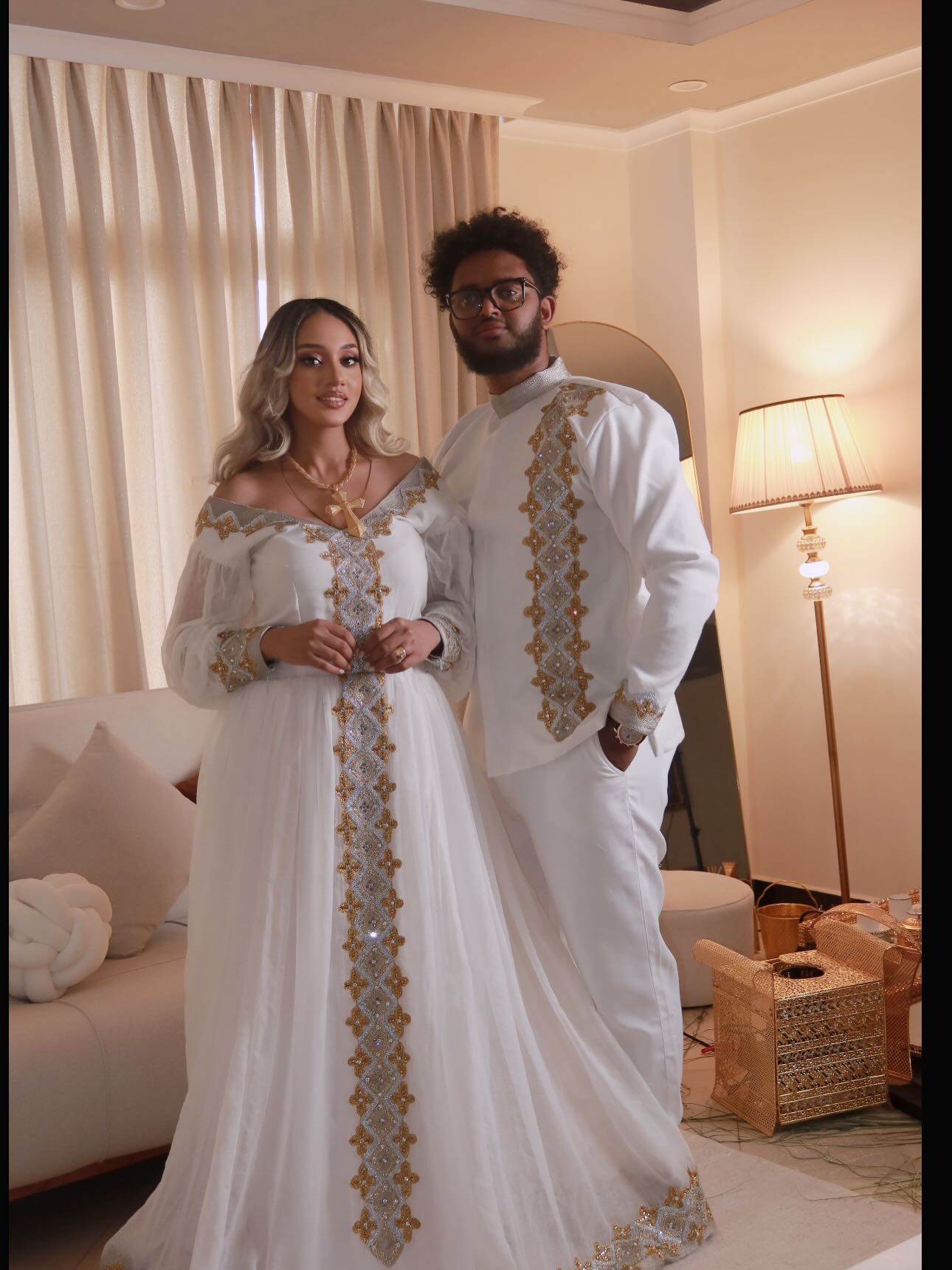 Matching Habesha Couple Outfit Ethiopian Traditional His and Hers White Habesha Matching Set 704