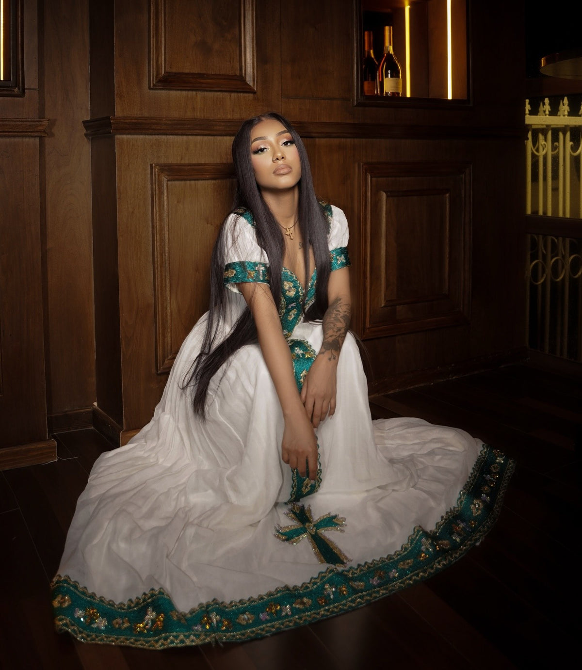 Short Sleeve Habesha Dress White Habesha Kemis With Green Woven Embroidery Elegant Ethiopian Traditional Clothing 740