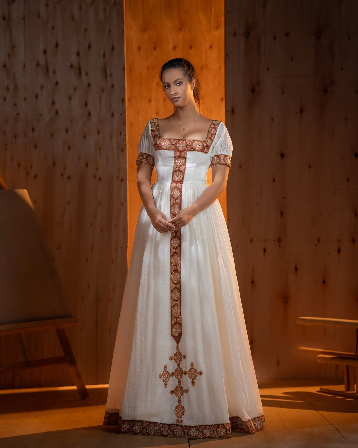 Traditional Ethiopian Dress Collection Graceful Habesha Dress with Brown Base and Pink Embroidery Habesha Kemis 759