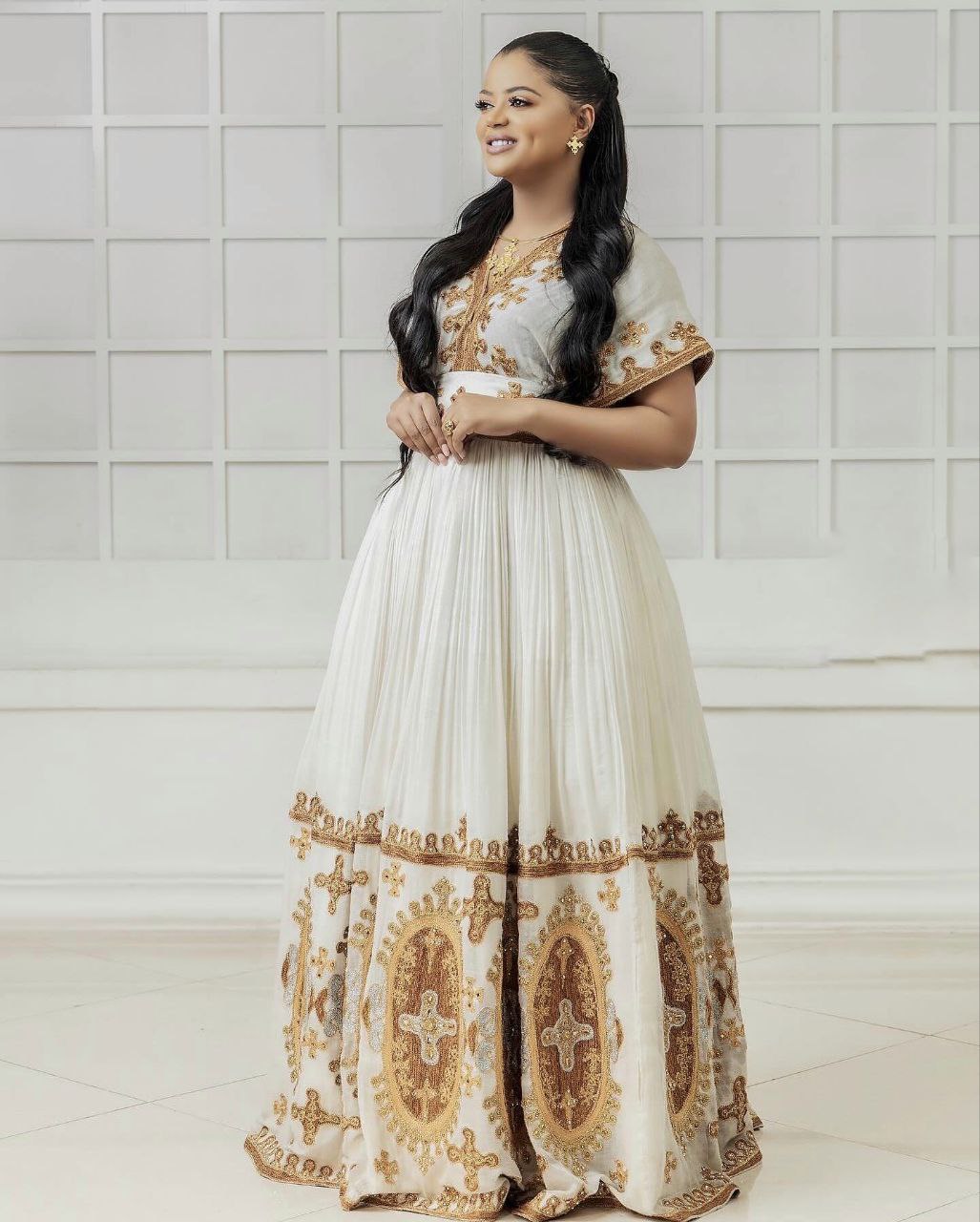Gold Embroidered Ethiopian Traditional Dress Regal Habesha Kemis For Wedding Classic Wedding Habesha Dress 0092