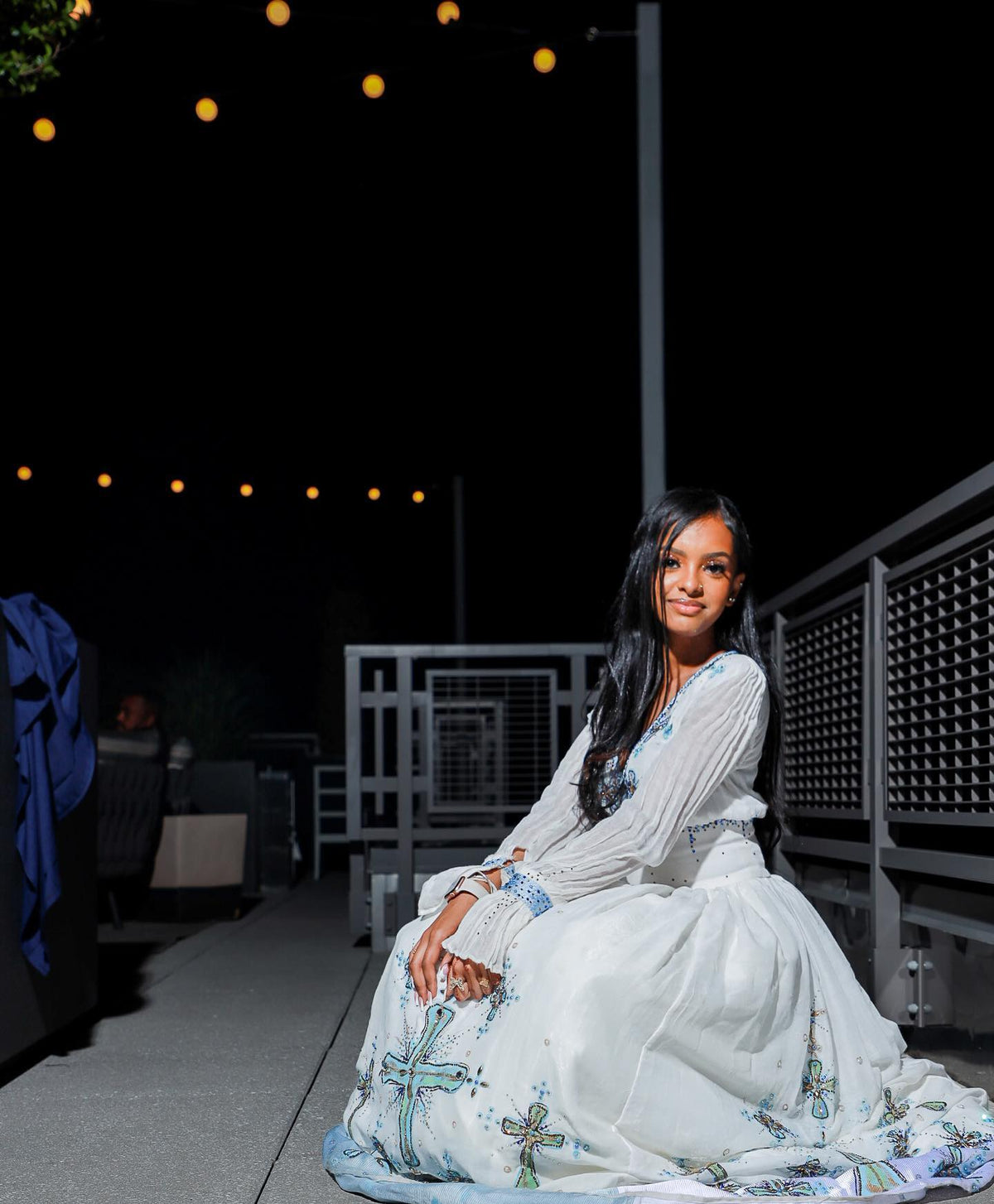 Traditional Ethiopian Dress For Event Habesha Kemis with Blue Embroidery V-neckline Habesha Dress 491