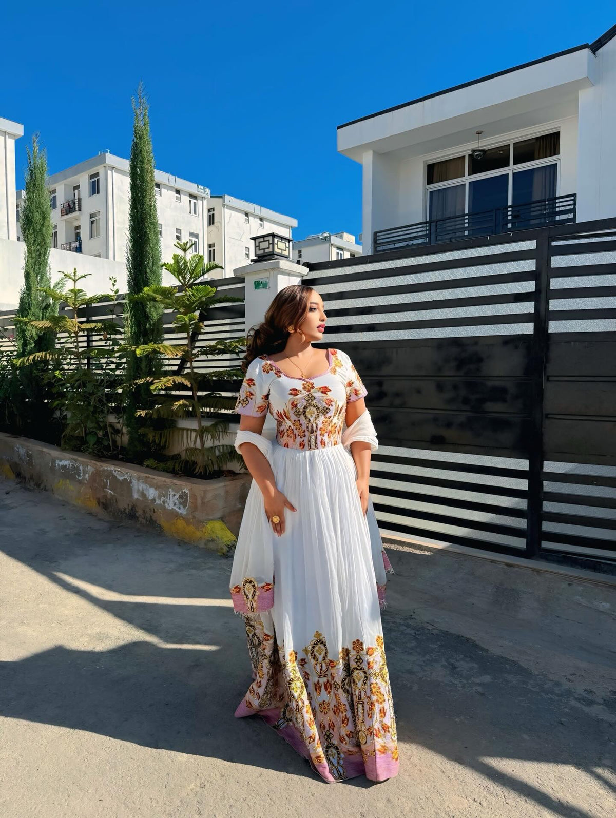 Traditional Ethiopian Clothing Habesha Kemis With Pink Accent and Gold Detail Stylish Habesha Dress 574