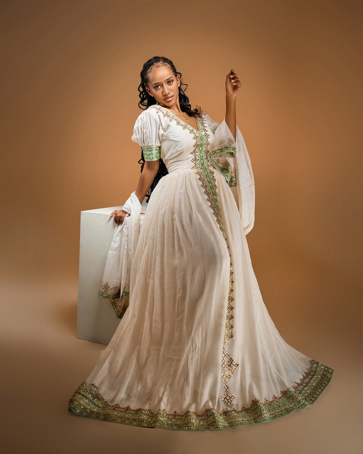 Green Embroidery Habesha Dress Off Shoulder Habesha Kemis Short Sleeve Ethiopian Clothing 635