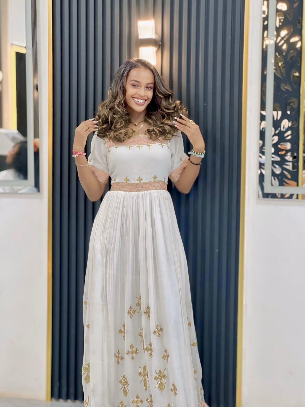 Pink Embroidery Habesha Kemis Short Sleeve Habesha Dress Traditional Ethiopian Dress For Festive 665