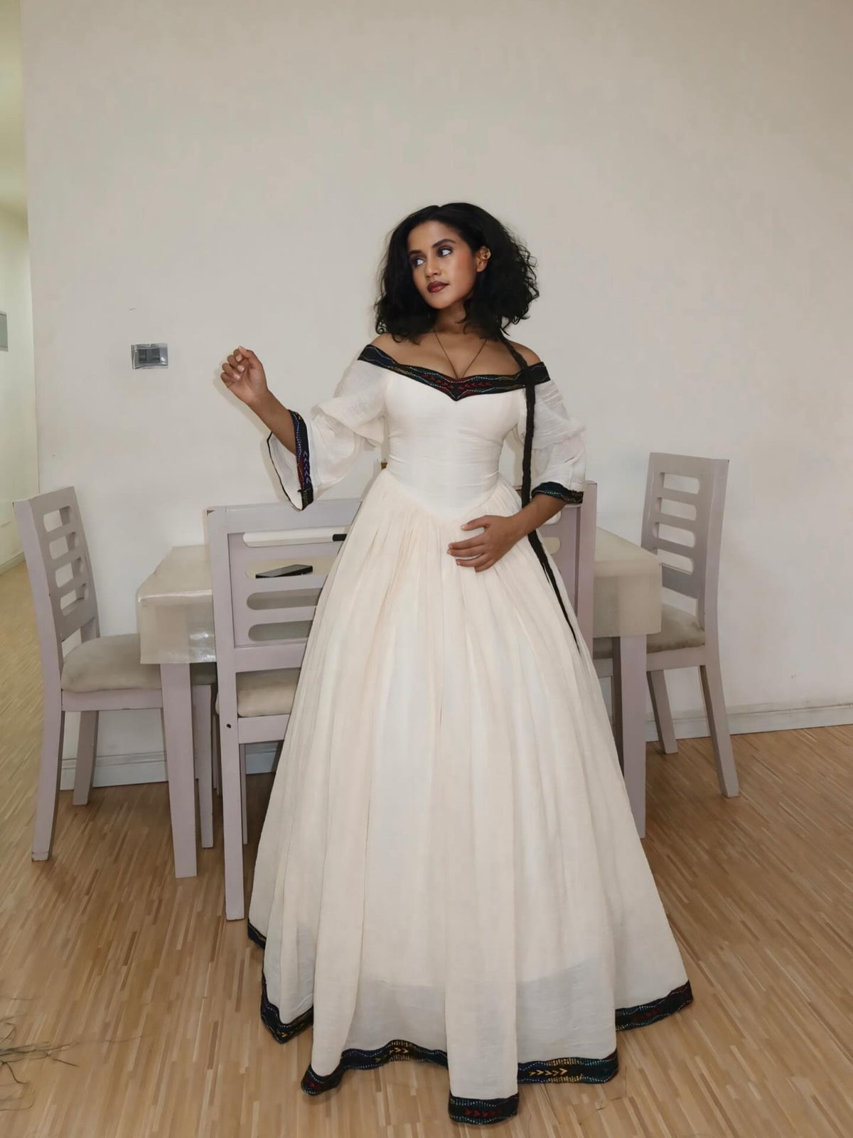 Off-Shoulder Habesha Dress Multicolor Woven Design Habesha Kemis Stylish Ethiopian Clothing 677