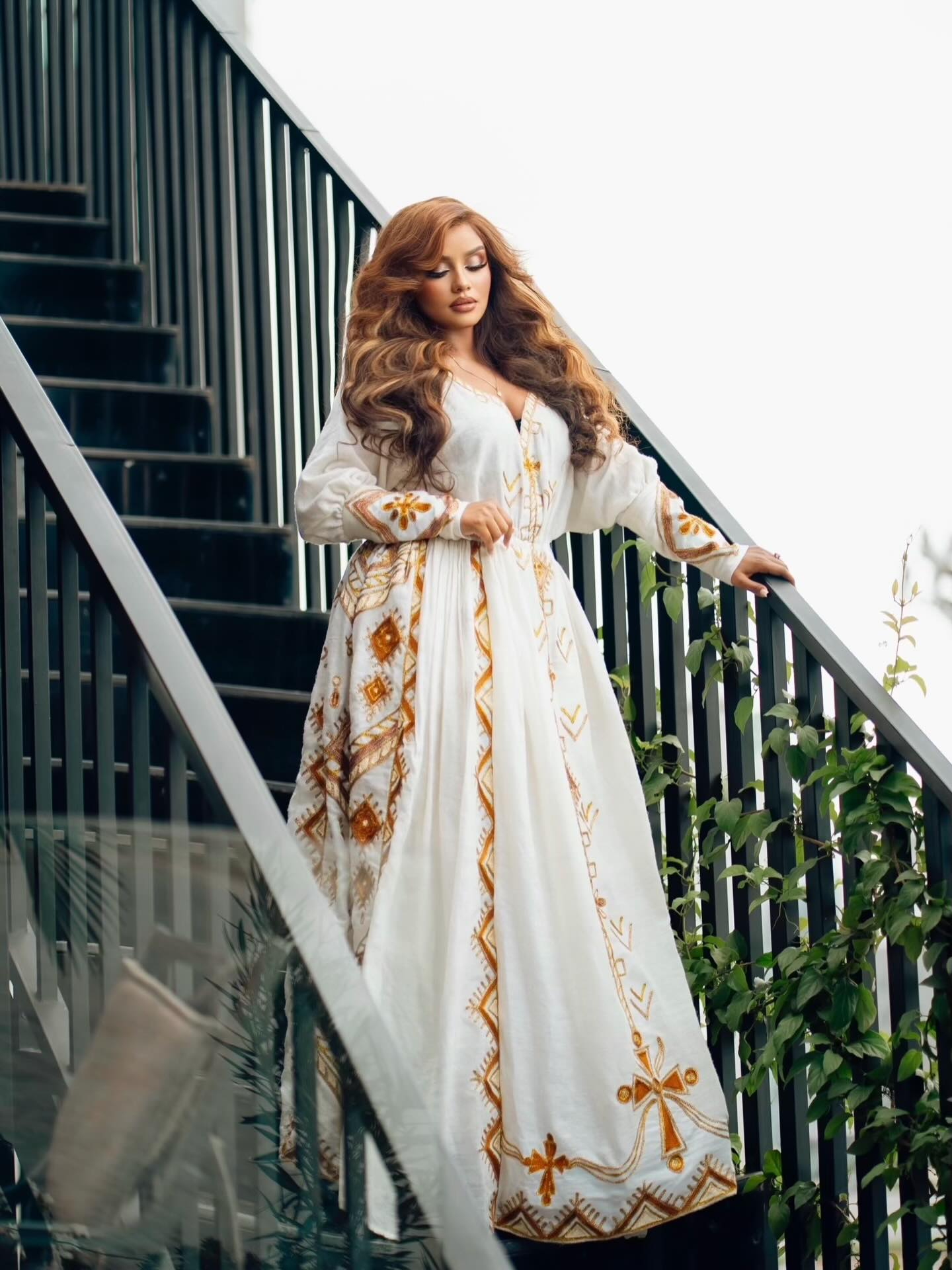 Golden Embroidery Habesha Kemis Long Sleeve Traditional Ethiopian Dress Charming Habesha Dress 681