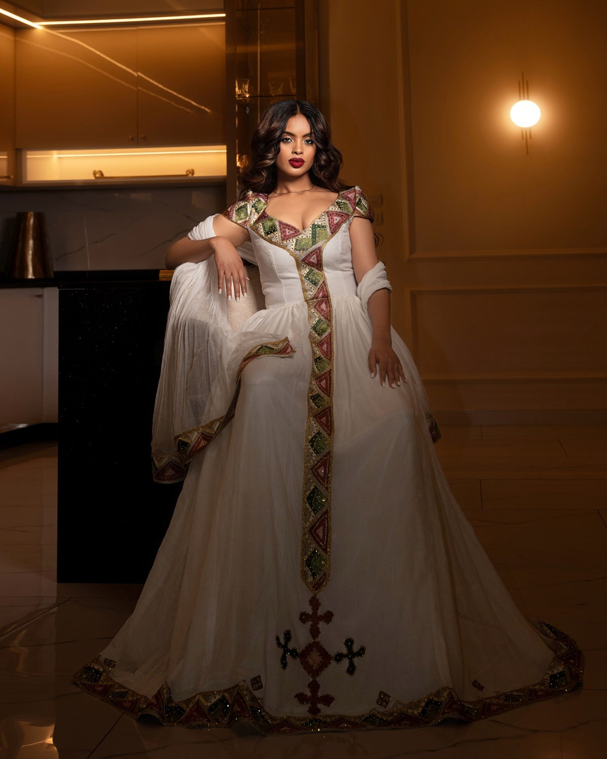 Ethiopian Clothing For Event V-neckline Habesha Kemis Handwoven Design Habesha Dress 754