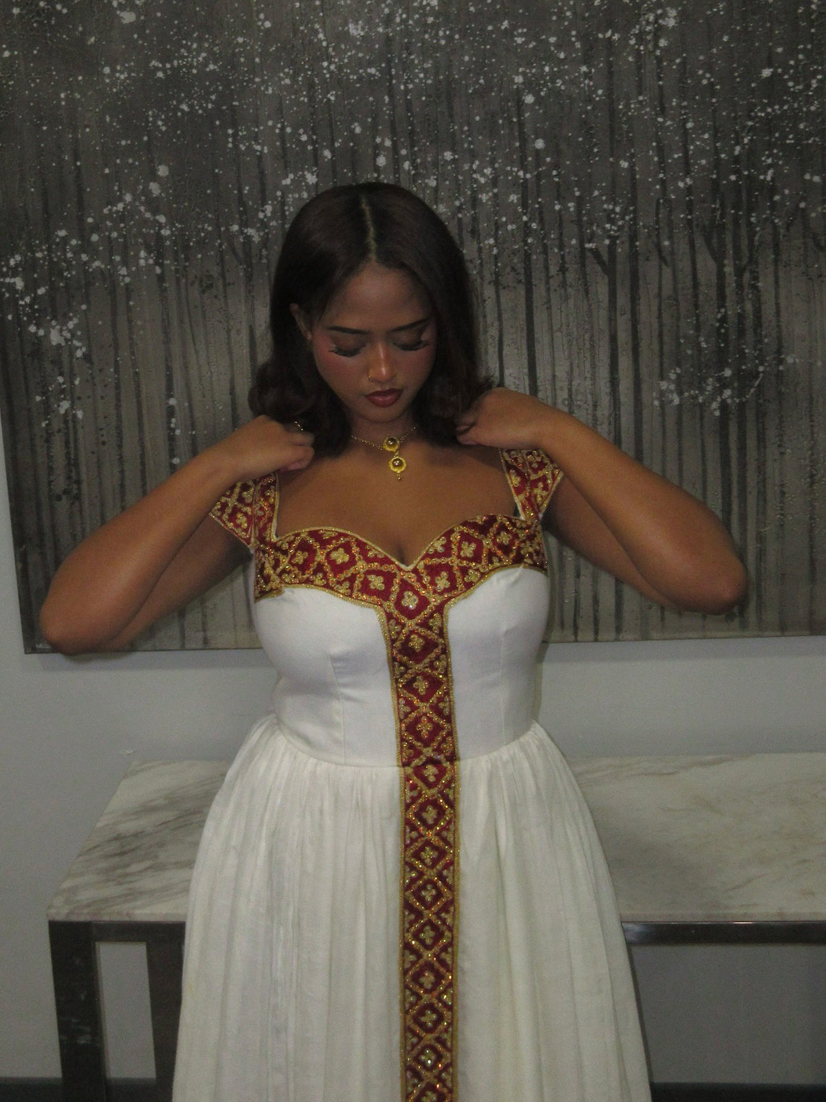 Short Sleeve Ethiopian Clothing Habesha Kemis in Gold and Red Charming Habesha Dress 488