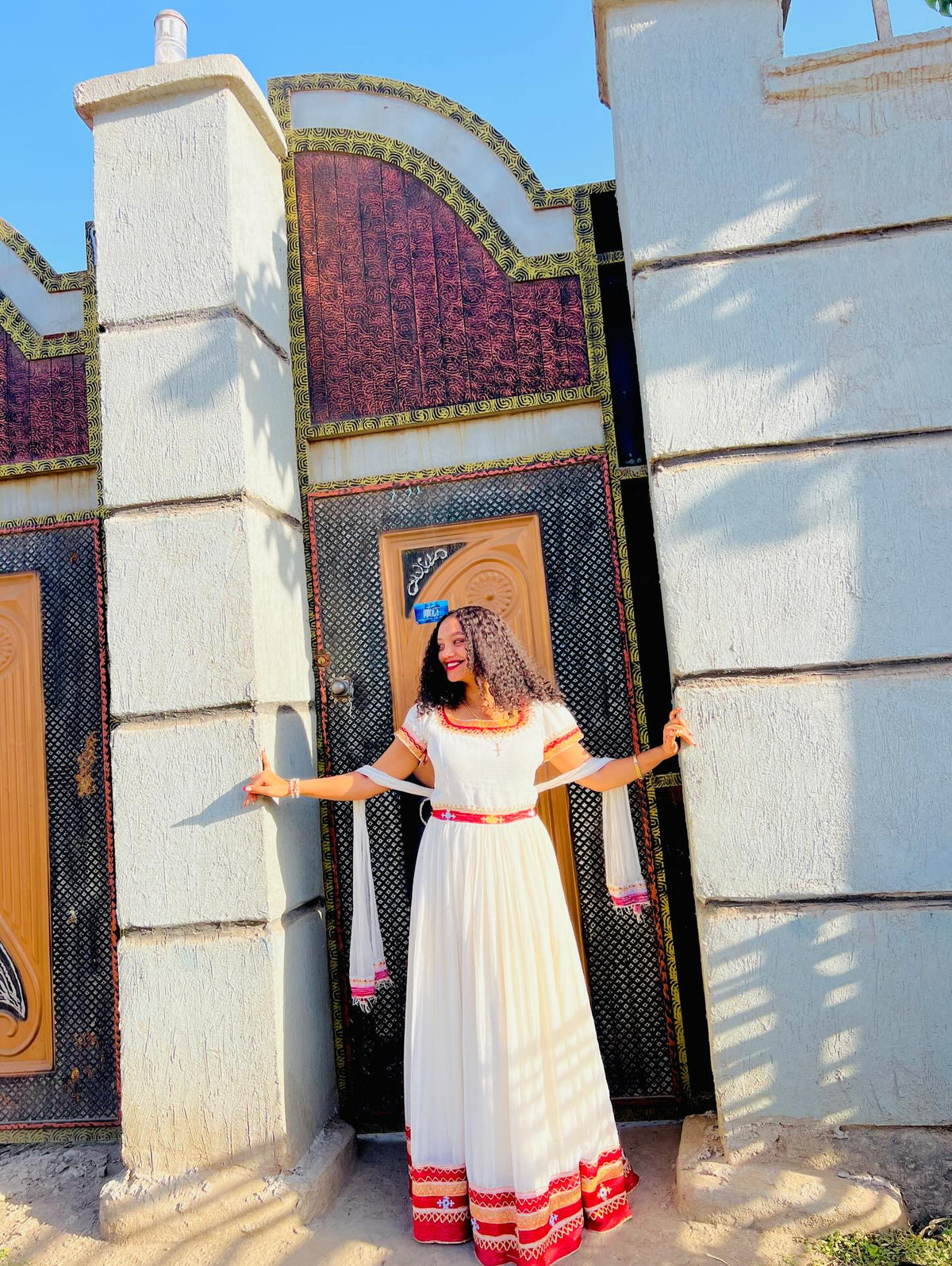 White Habesha Kemis with Red Embroidery Traditional Ethiopian Dress Cultural Habesha Dress 490