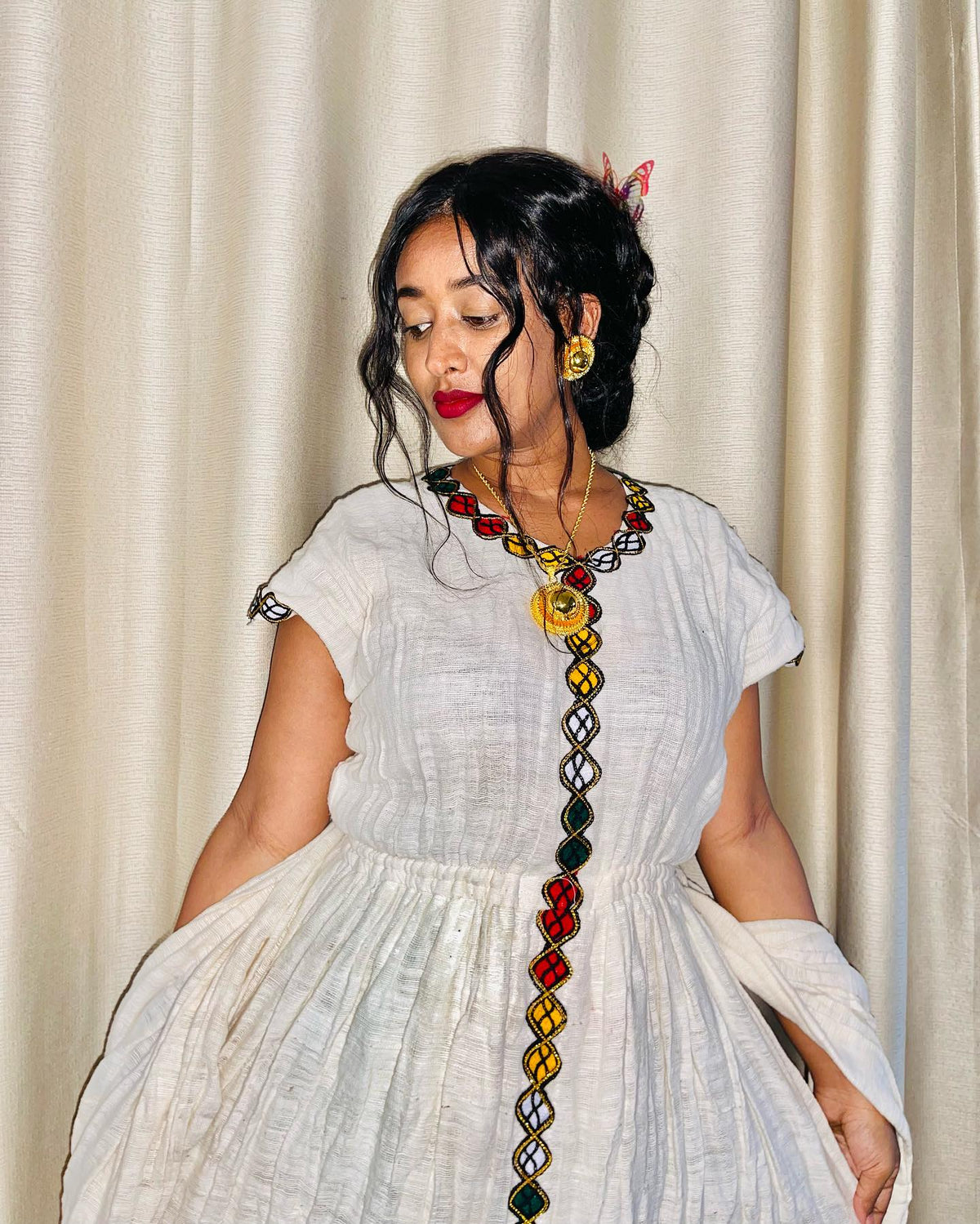 Multicolor Embroidery Habesha Kemis Short Sleeve Ethiopian Traditional Clothing Simple Pattern Habesha Dress 586