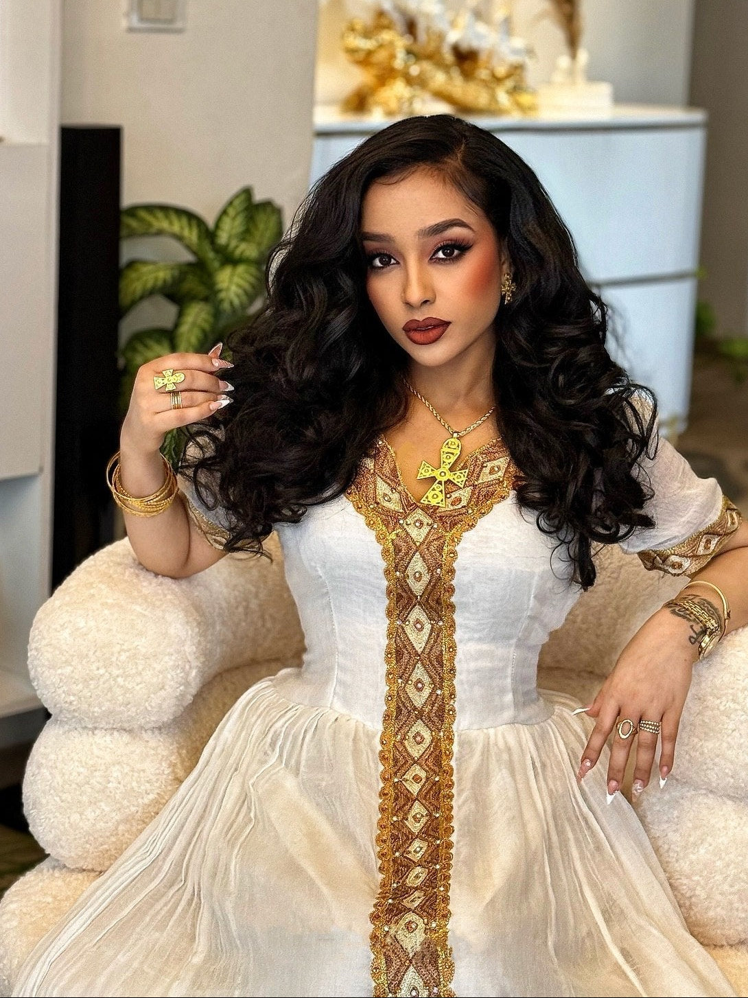 White Habesha Kemis Golden Embroidery Traditional Ethiopian Dress Festive Habesha Dress 734